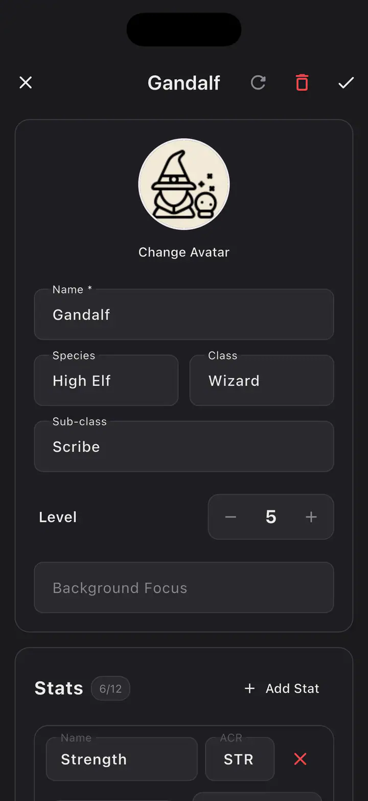 Rollune character profile editing screen