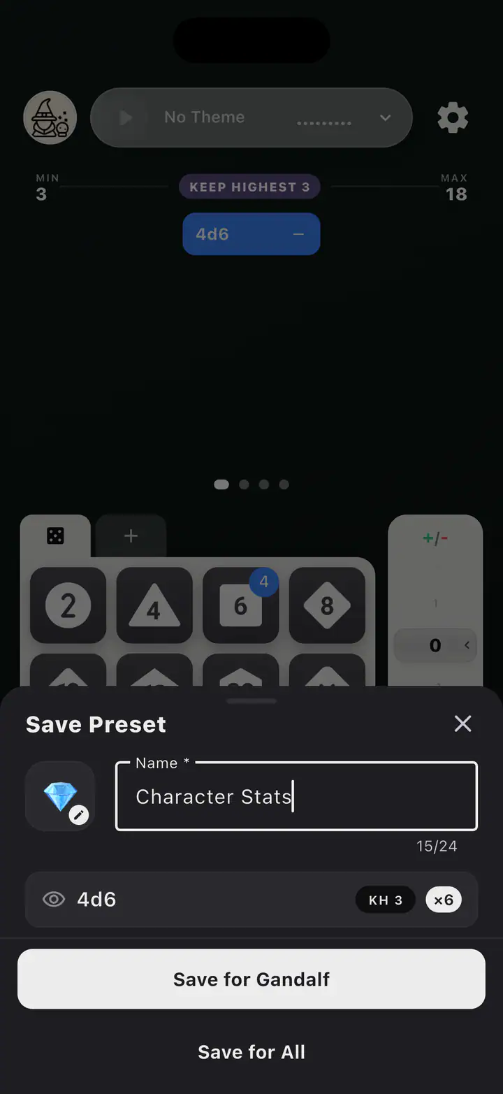 Rollune save preset screen